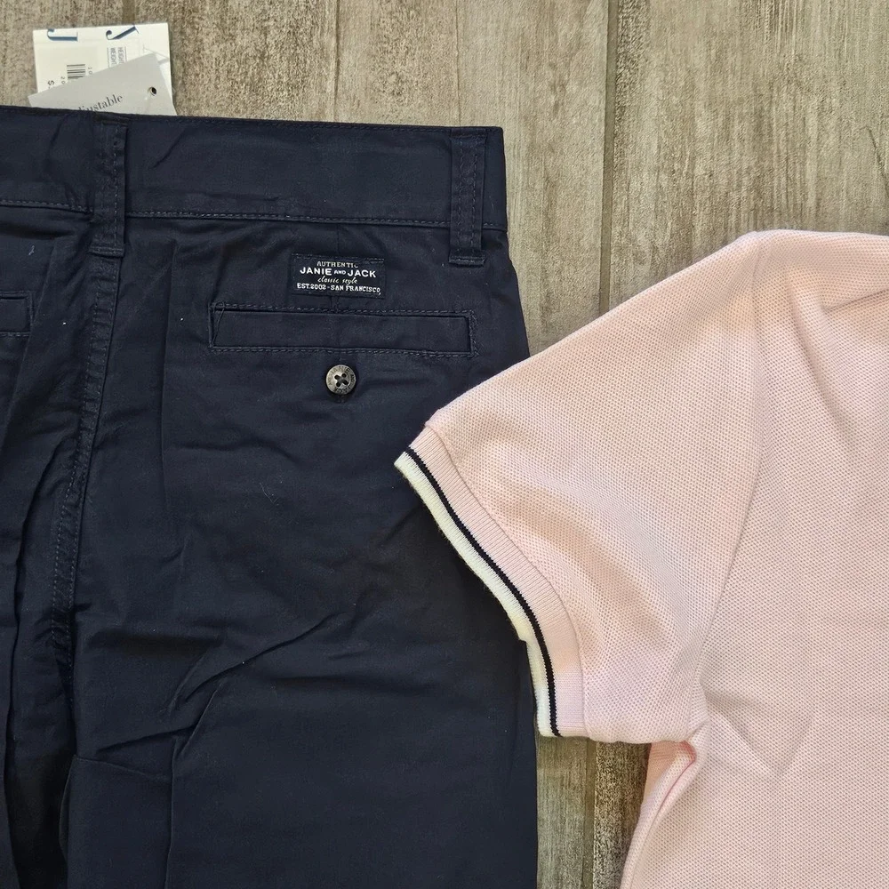 Janie and Jack Polo and Jogger Set Kids 8 Pink Navy Blue Preppy School Outfit